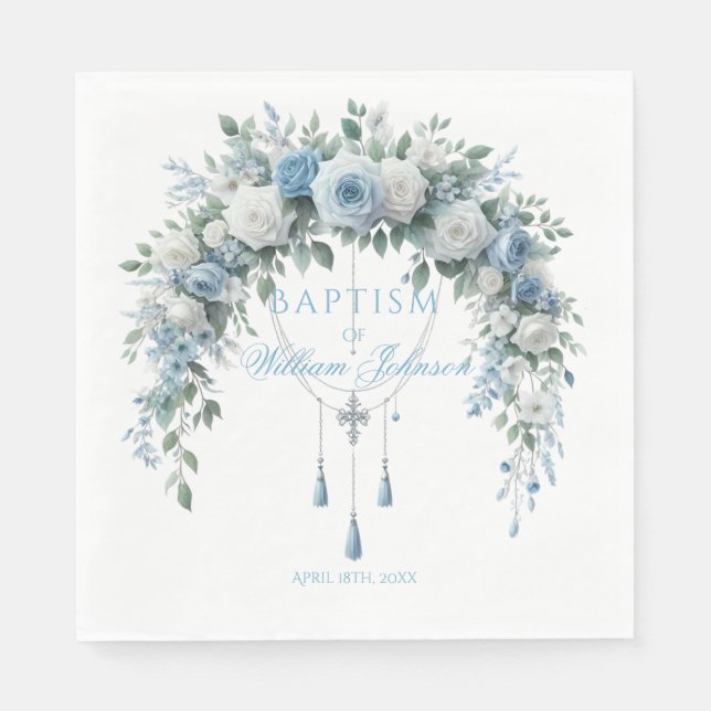 Guardanapo De Papel Blue Rose & Silver Cross Baptism Napkins (Frente)