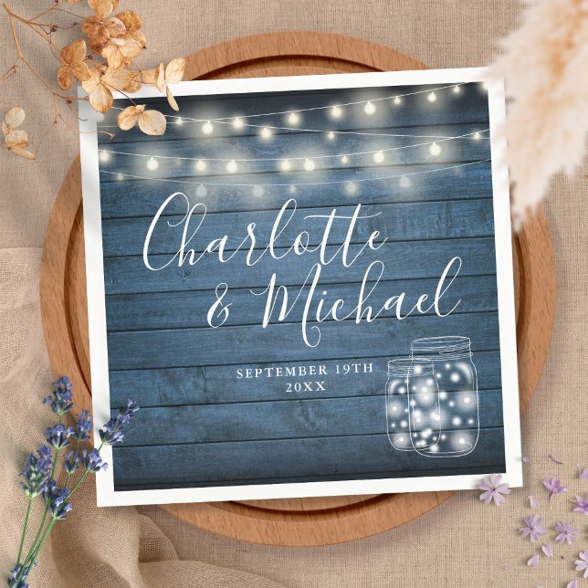 Guardanapo De Papel Blue Rustic Wood String Luzes Mason Jars Casamento (Criador carregado)
