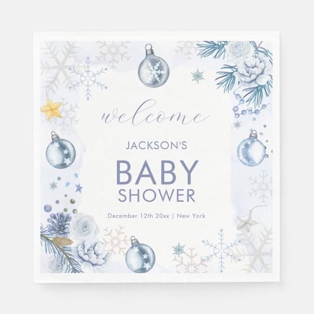 Guardanapo De Papel Blue Snowflake Flower Winter Baby Shower Welcome (Frente)