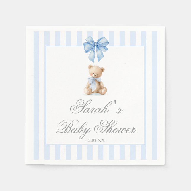 Guardanapo De Papel Blue Stripes Bear Baby Shower (Frente)