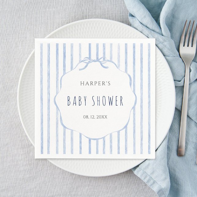 Guardanapo De Papel Blue Stripes with Scalloped Frame Boy Baby Shower (Criador carregado)