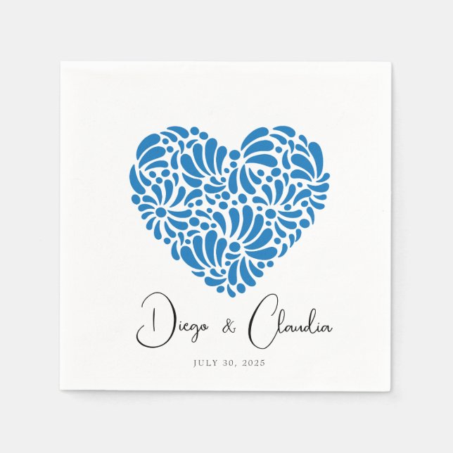 Guardanapo De Papel Blue Talavera Heart Wedding Napkins (Frente)