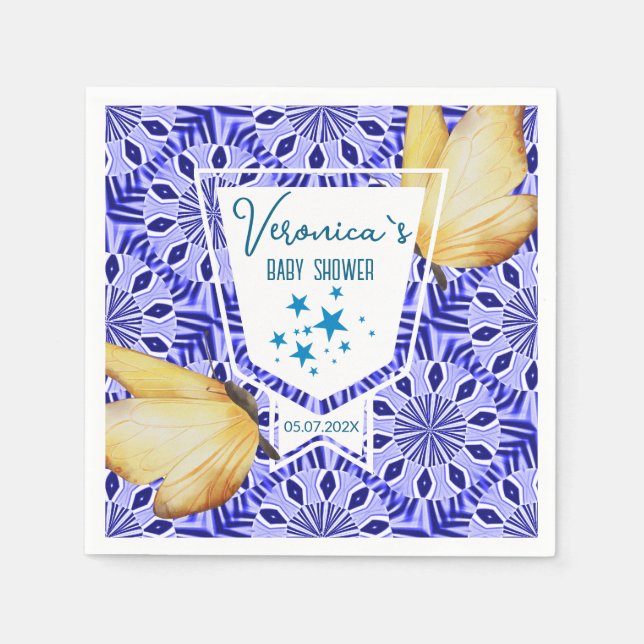 Guardanapo De Papel Blue Tile Butterfly Baby Shower (Frente)