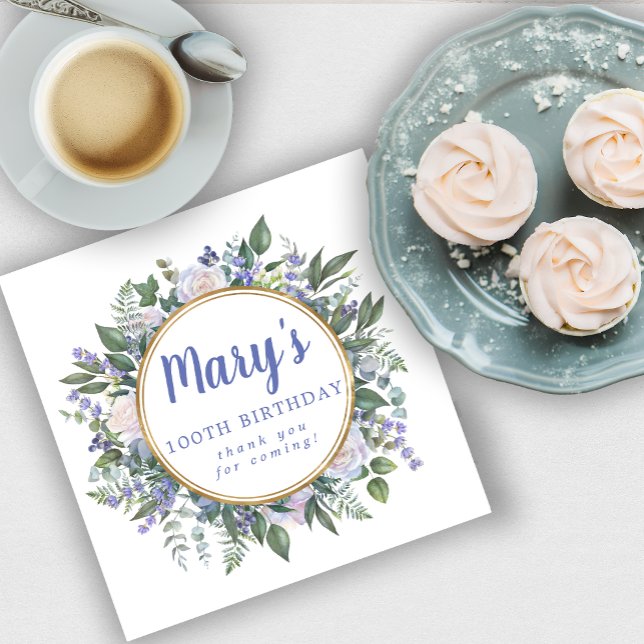 Guardanapo De Papel Blue White Floral 100º Aniversário Obrigado (Criador carregado)