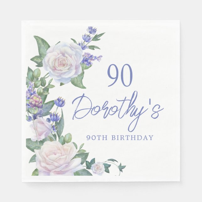 Guardanapo De Papel Blue White Rose Floral 90 Birthday (Frente)