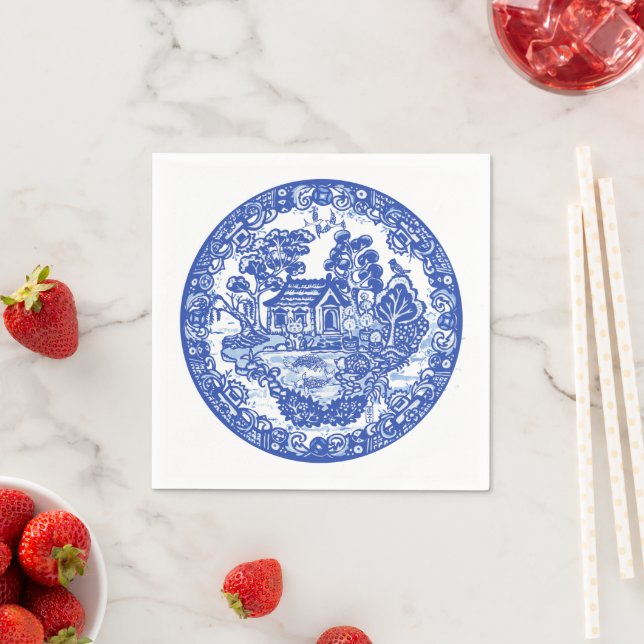 Guardanapo De Papel Blue Willow Lucky Cat Koi Bird Asian Temple Garden (Insitu)