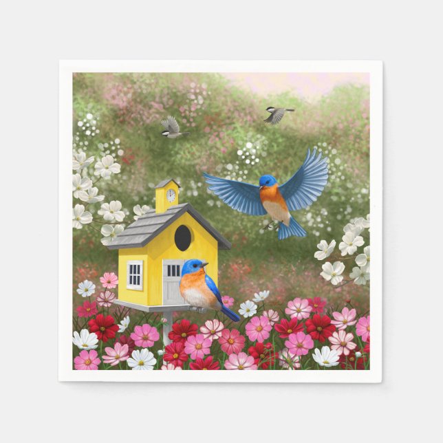 Guardanapo De Papel Bluebird e Birdhouse Amarelo (Frente)