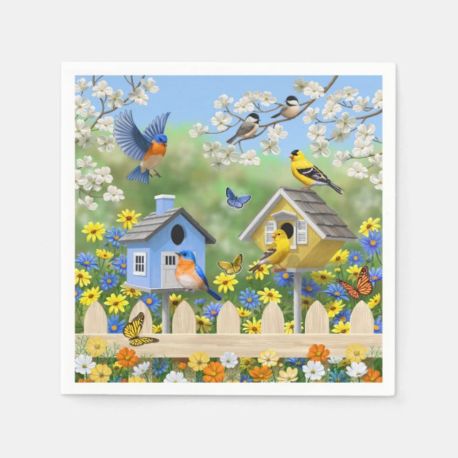 Guardanapo De Papel Bluebird Goldfinches Birdhouses Fllower Garden (Frente)