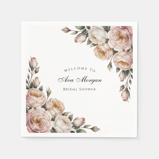 Guardanapo De Papel Blush and Ivory Rose Floral Bridal Shower (Frente)