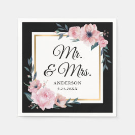 Guardanapo De Papel Blush Black Dourado Floral Sr & Sra Wedding
