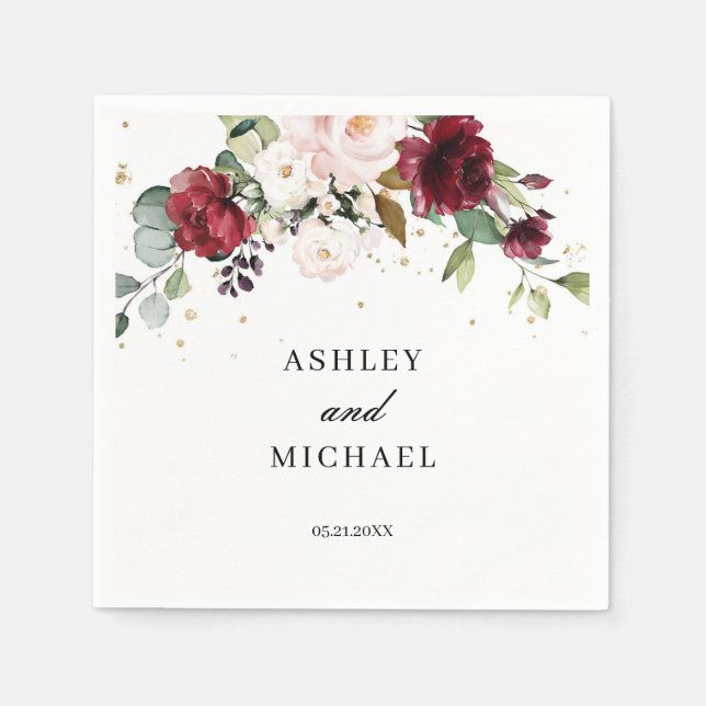 Guardanapo De Papel BLush Burgundy e Boho Floral Rosa Napkins (Frente)