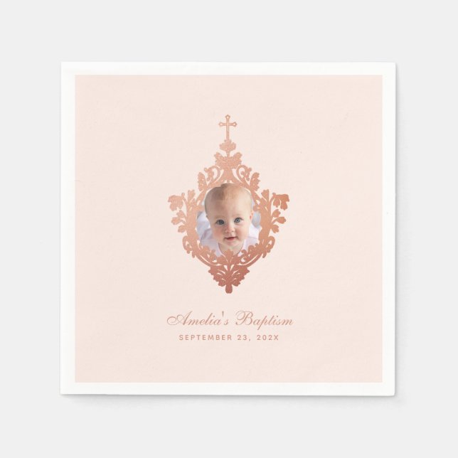 Guardanapo De Papel Blush Elegante de Fotografia com Rosa de Batismo D (Frente)