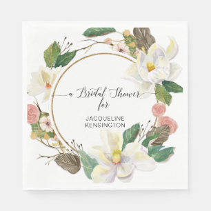 Guardanapo De Papel Blush Floral White Magnolia Watercolor Dourado Fol