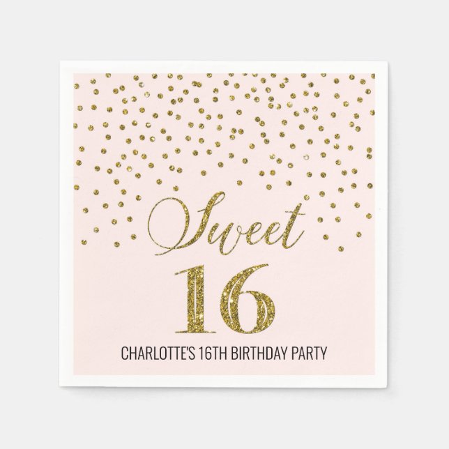 Guardanapo De Papel Blush Pink Dourado Confetti Sweet 16 Aniversário (Frente)