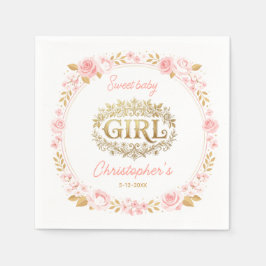 Guardanapo De Papel Blush Pink & Gold Floral Girl Baby Shower