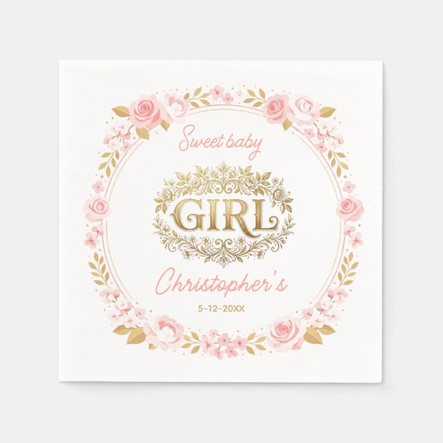 Guardanapo De Papel Blush Pink & Gold Floral Girl Baby Shower (Frente)