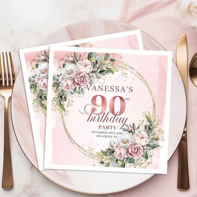 Guardanapo De Papel Blush Pink Greenery Floral 90th Birthday Party   (Blush Pink Greenery Floral 90th Birthday Party Napkins)