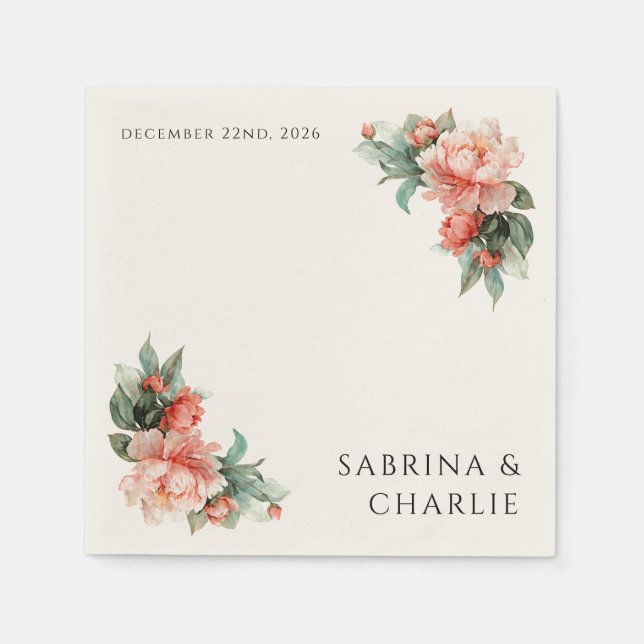 Guardanapo De Papel Blush Pink Peony Coral Elegant Floral Wedding (Frente)