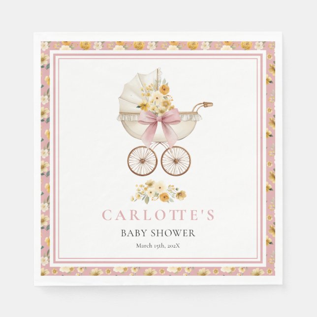 Guardanapo De Papel Blush Pink Pram Floral Baby Shower Luncheon Napkin (Frente)