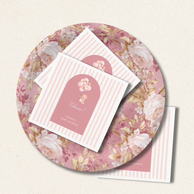Guardanapo De Papel Blush pink stripes, teddy bear balloon (Criador carregado)