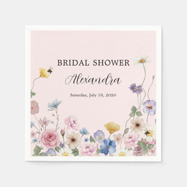 Guardanapo De Papel Blush Pink Wildflowers Bridal Shower Invitation (Frente)