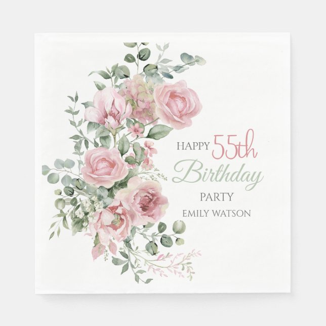 Guardanapo De Papel Blush Rose Greenery Eucalypt 55th Birthday (Frente)
