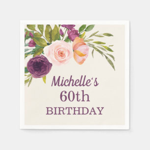 Guardanapo De Papel Blush Roxo Floral Creme Aniversário de 60 anos
