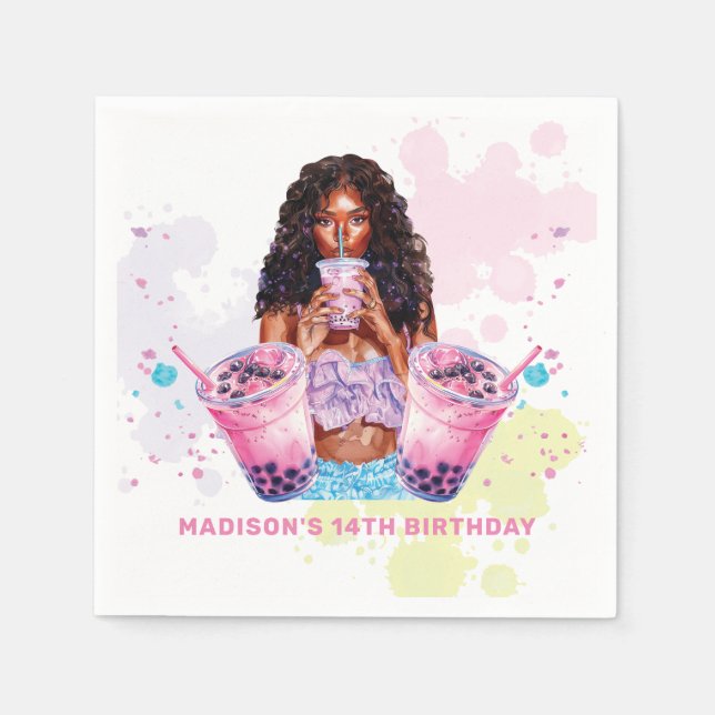 Guardanapo De Papel Boba Bubble Tea Birthday Afro-Americano (Frente)