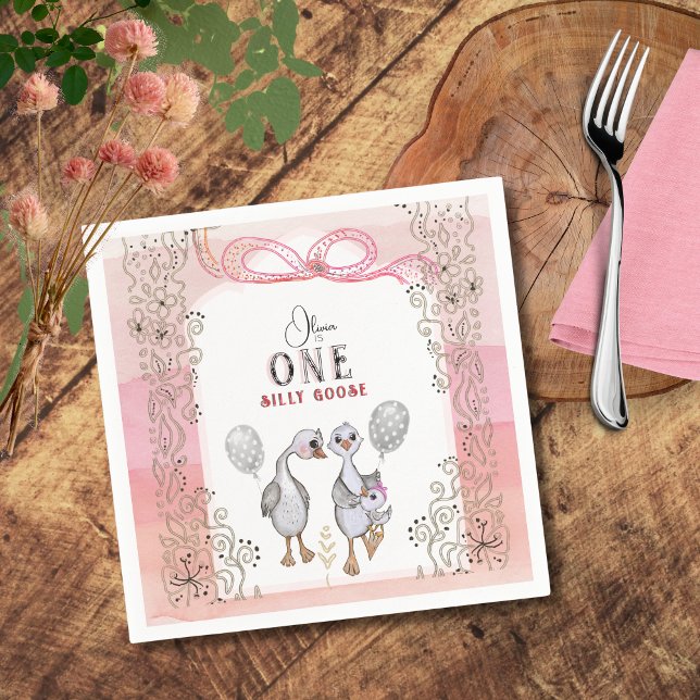 Guardanapo De Papel Bobo Goose Família Rosa e primeiro aniversario Arc (Silly Goose Family Pink & Bow 1st Birthday Napkins)