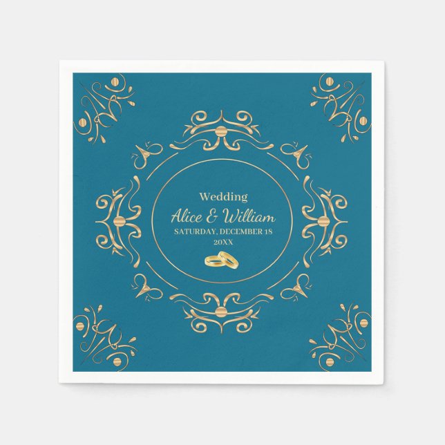 Guardanapo De Papel Boda en Azul y Dorado (Frente)