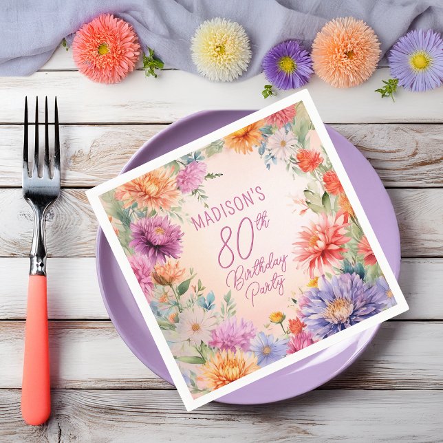 Guardanapo De Papel Boho Aster Flowers Floral 80th Birthday Party (Boho Aster Flowers Floral 80th Birthday Party Napkins)