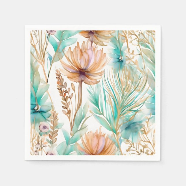 Guardanapo De Papel Boho Beach Floral Blue Peach Wedding (Frente)