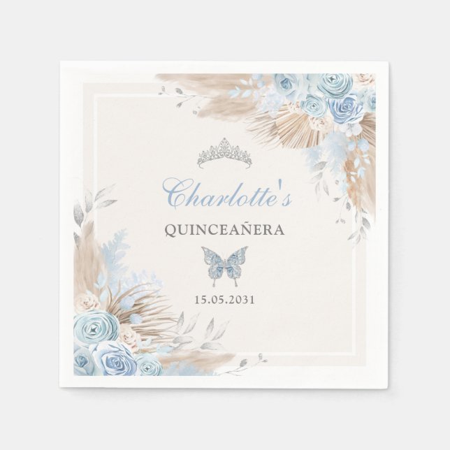 Guardanapo De Papel Boho Blue Silver Quinceanera Miss Quince 15 (Frente)