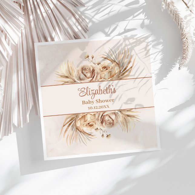 Guardanapo De Papel Boho Blush Floral Baby Shower (Boho Blush Floral Baby Shower Napkins on a sunny white table.)