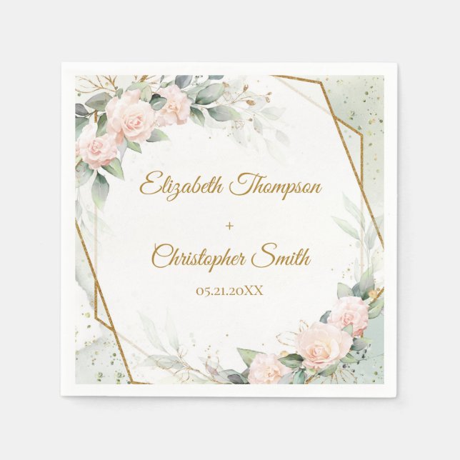 Guardanapo De Papel Boho blush floral e ouro e casamento de eucalipto (Frente)