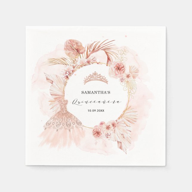 Guardanapo De Papel Boho Blush Pampas Glitter Dress Quinceanera (Frente)