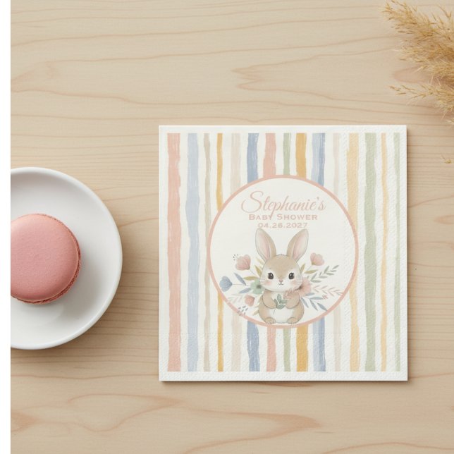 Guardanapo De Papel Boho Bunny Watercolor Stripe  (Sweet baby shower napkin)