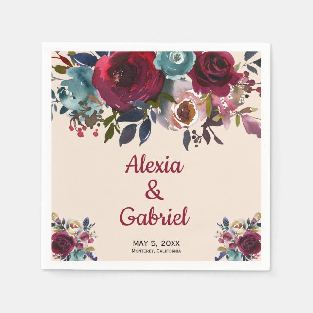 Guardanapo De Papel Boho Burgundy Marsala Red Marinho Casamento Floral (Frente)