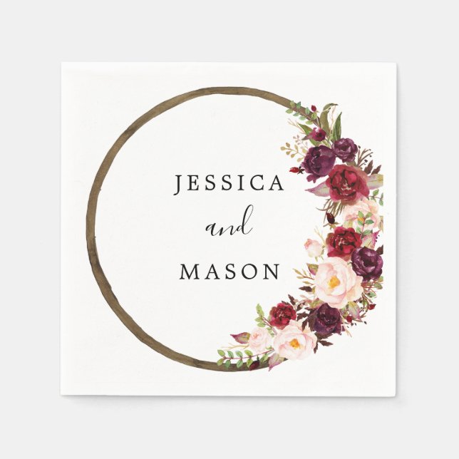 Guardanapo De Papel Boho Burgundy Wreath Wedktail Napkin (Frente)