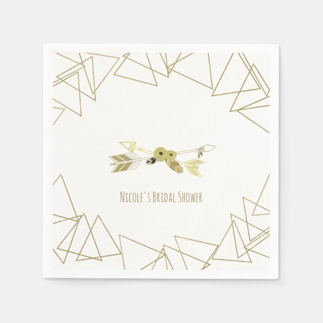 Guardanapo De Papel Boho Chic Flechas e Triângulos Geométricos Dourado (Frente)