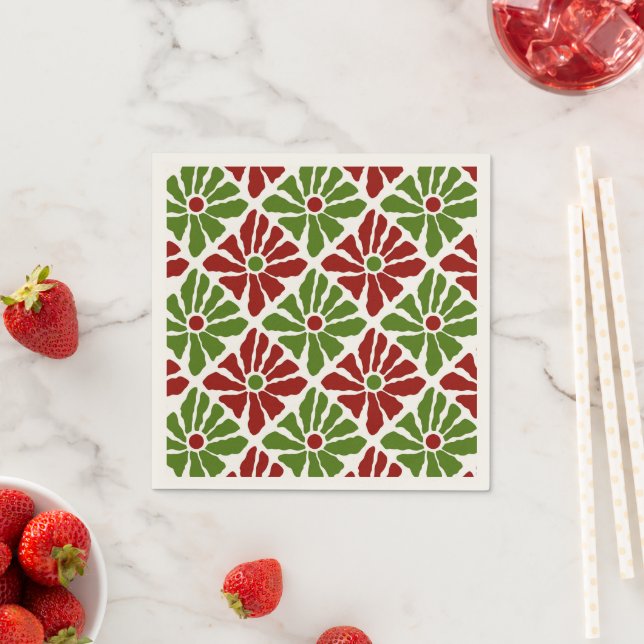 Guardanapo De Papel Boho Christmas Hand Drawn Poinsettias Red Green (Insitu)