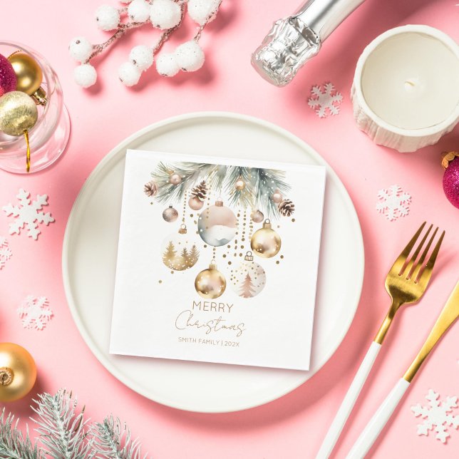 Guardanapo De Papel Boho Christmas pines gold bauble modelo (Boho Christmas pines gold baubles template Napkins personalized Christmas tebleware)