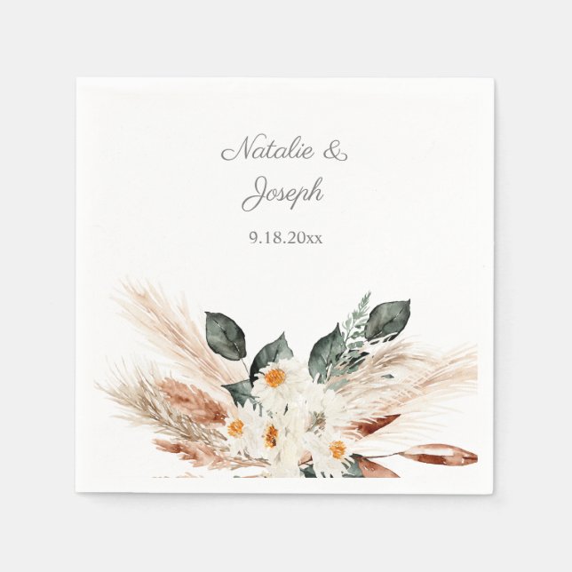 Guardanapo De Papel Boho Copper Pampas & Beige Floral - Nápoles Branca (Frente)