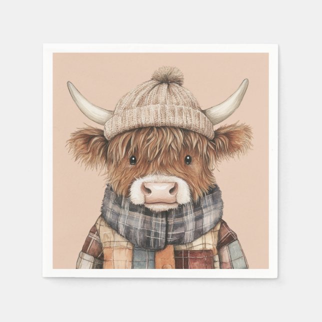 Guardanapo De Papel Boho Cute Highland Cow em Nata (Frente)
