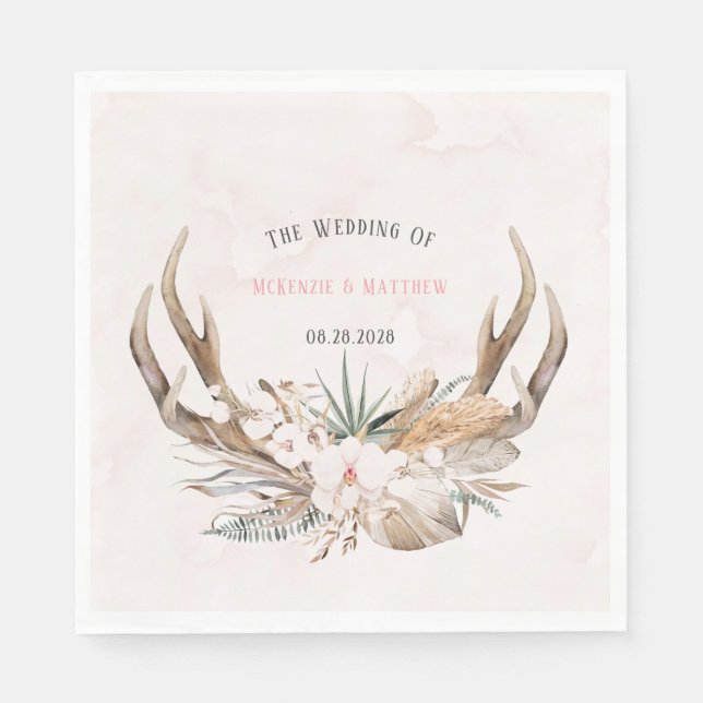 Guardanapo De Papel Boho Deer Antlers e Florals Wedding (Frente)