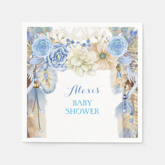 Guardanapo De Papel Boho Dream Catcher Feather Tribal Periwinkle Blue (Frente)