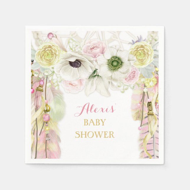 Guardanapo De Papel Boho Dream Catcher Penas Rosa Amarelo (Frente)