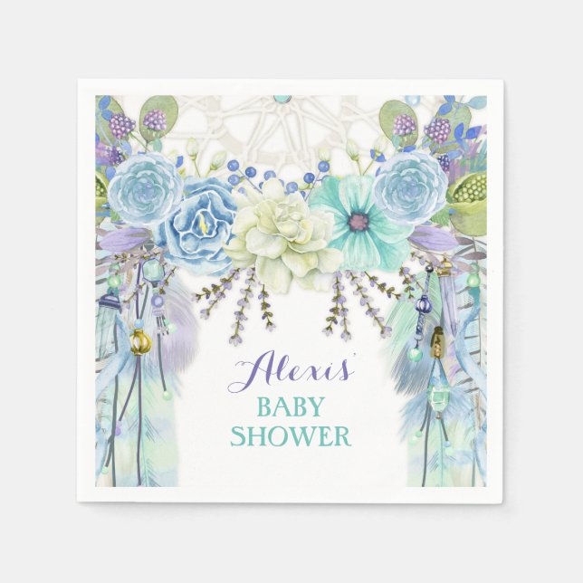 Guardanapo De Papel Boho Drecher Feather Tribal Aqua Blue (Frente)