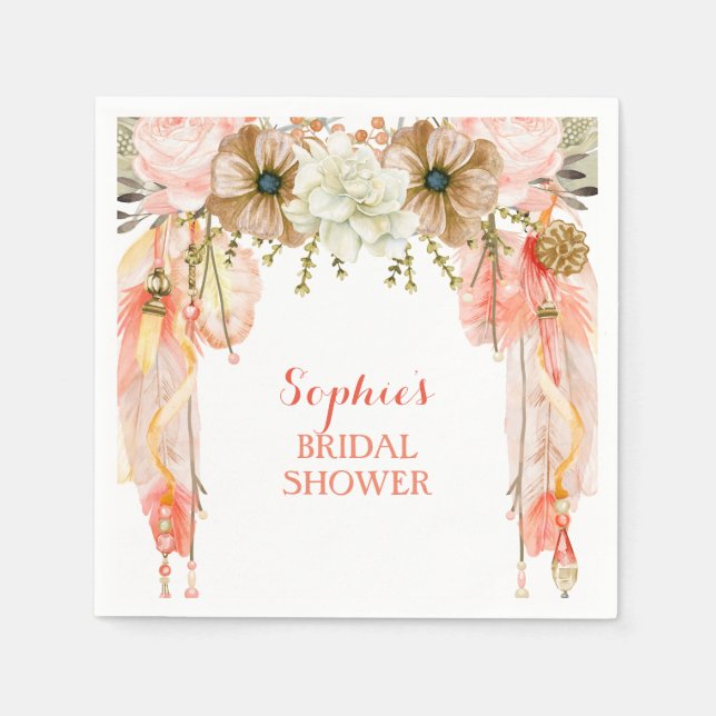 Guardanapo De Papel Boho Drecher Feather Tribal Peach Coral (Frente)