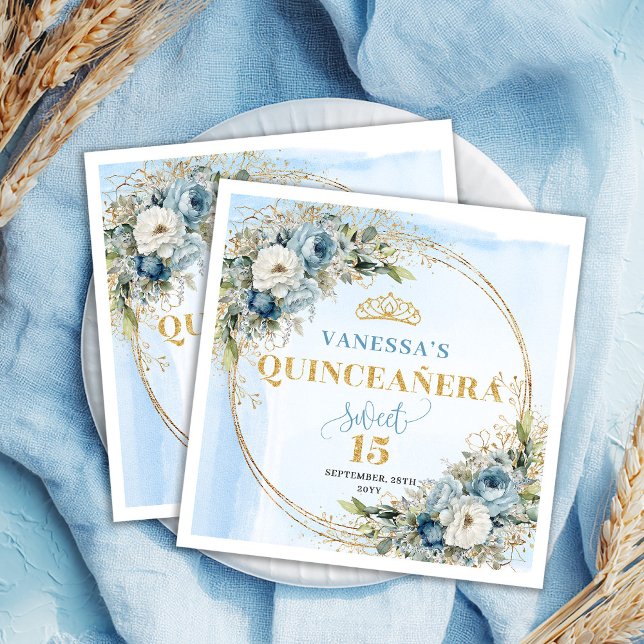 Guardanapo De Papel Boho Dusty Blue Floral Gold Quinceañera Napkins (Boho Dusty Blue Floral Gold Quinceañera Napkins)